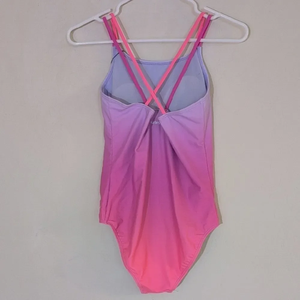 NWT Hurley Girl's One Piece Swimsuit China Rose Pink Ombre Padded Strap- Size 14